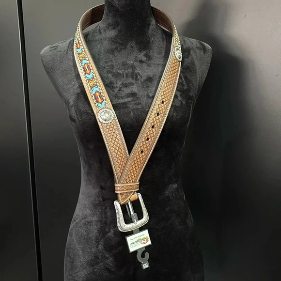 Nocona Genuine Leather,tooled,Aztec stitch, Conchos,removable silvertone buckle - Picture 1 of 10